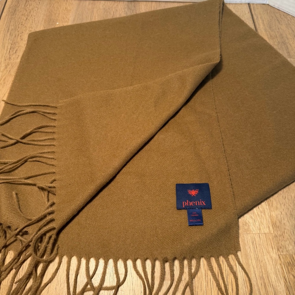 100% Cashmere Fringe Scarf Phenix Rich Light Brown (Camel) 67"x 12.5" Unisex New